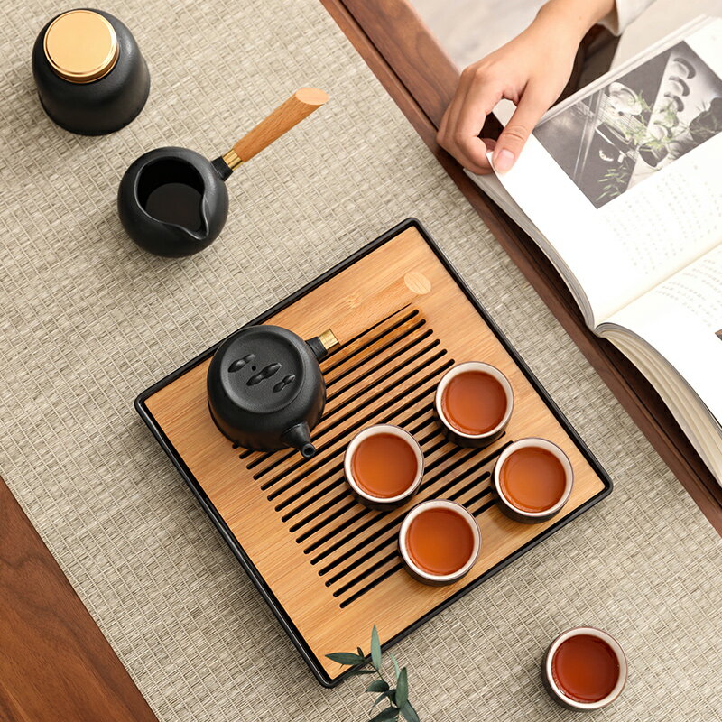 黑陶茶具套裝喝茶家用功夫茶客廳泡茶儲水式干泡茶盤陶瓷側把茶壺