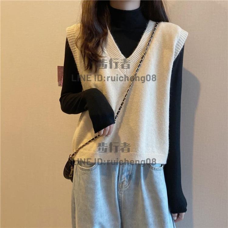 外搭疊穿背心馬甲女日系慵懶風春秋學院風V領坎肩針織馬夾上衣潮【步行者戶外生活館】