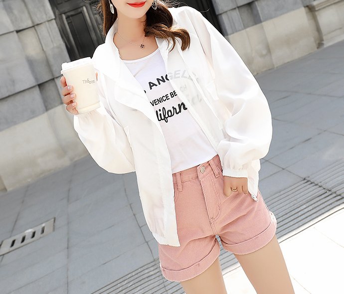 FINDSENSE H1 2018 夏季 新款 韓國 清新純色 帶帽 短款 防曬衫 外套 女 潮上衣 防曬衣