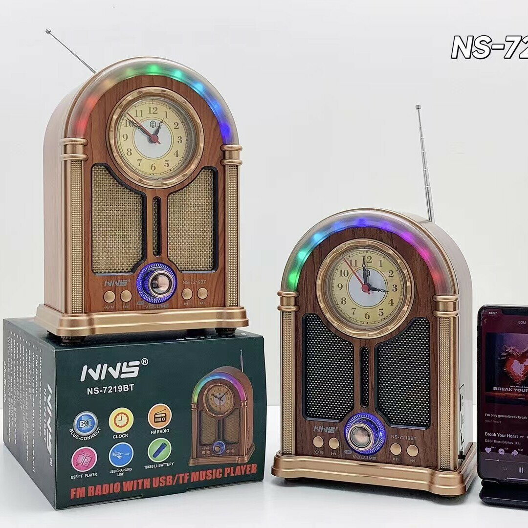 外貿復古時鐘表NS-7219BT藍芽音箱多功能RGB彩燈家用便攜式收音機【宜家良品百貨】