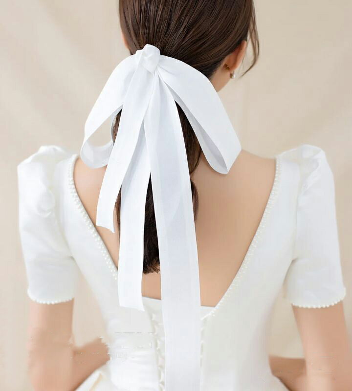 新娘簡約白色緞面蝴蝶結頭飾結婚禮服配飾影樓跟妝盤發造型