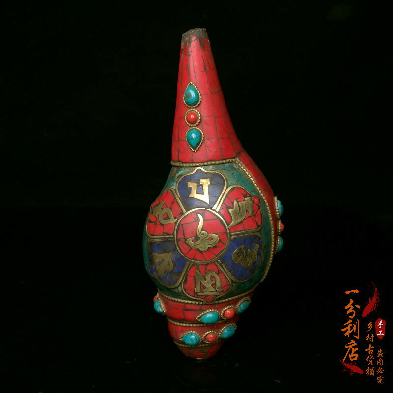 尼泊爾回流純銅法器擺件精工鑲嵌寶松石法螺左旋寶螺居家供螺擺設