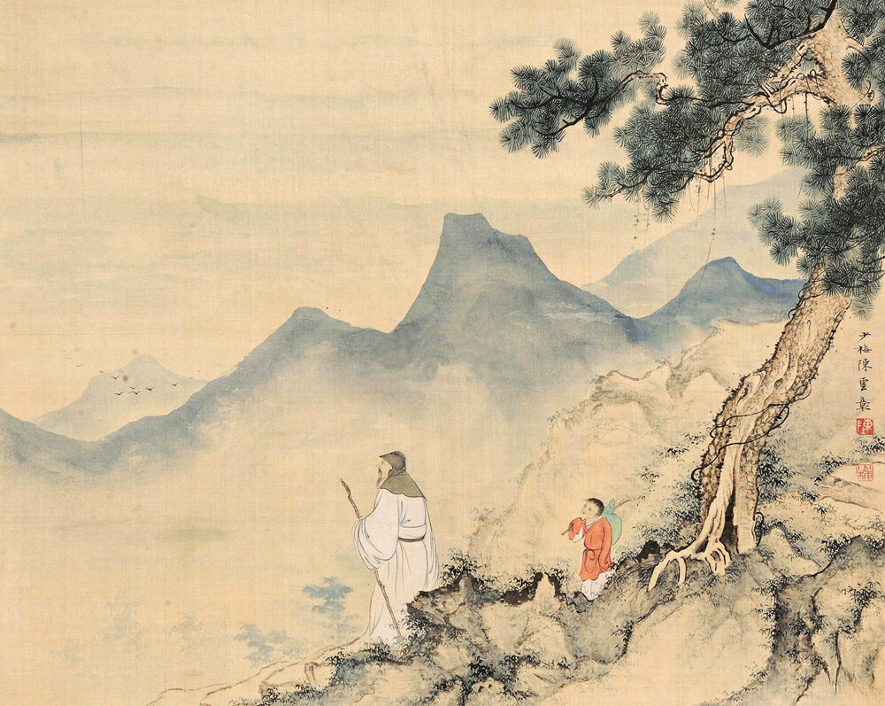 陳少梅策杖圖40X50仿古畫名畫復制冊頁山水畫中國畫名人字畫書畫