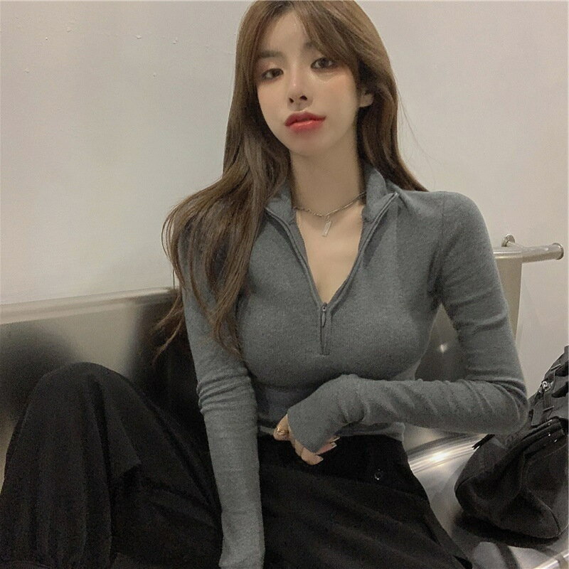 FUXI 長袖t恤女 棉質長袖上衣 性感立領拉鏈上衣 V領上衣 素色內搭 打底衫 韓版短版上衣 百搭衣服 女裝