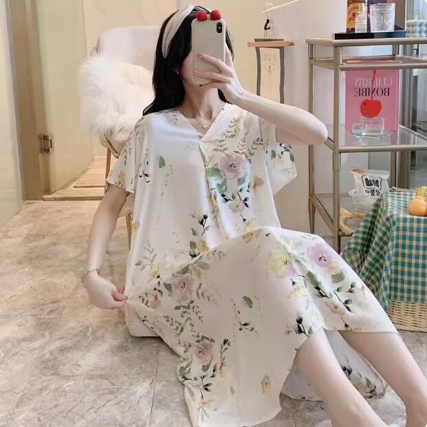 睡衣 棉綢睡裙 女夏長款睡裙 人造棉短袖睡衣 連身裙 女款大碼家居服 女生睡裙 居家睡衣【不二雜貨】