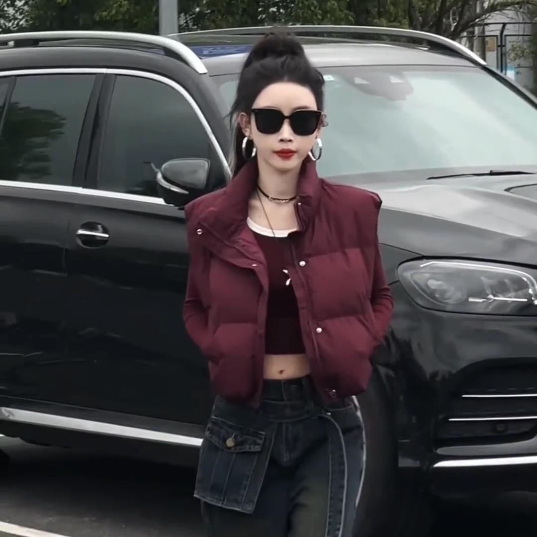 韓版安可拉紅立領羽絨棉服馬甲外套2024秋冬新款小個子棉服短款女-享樂