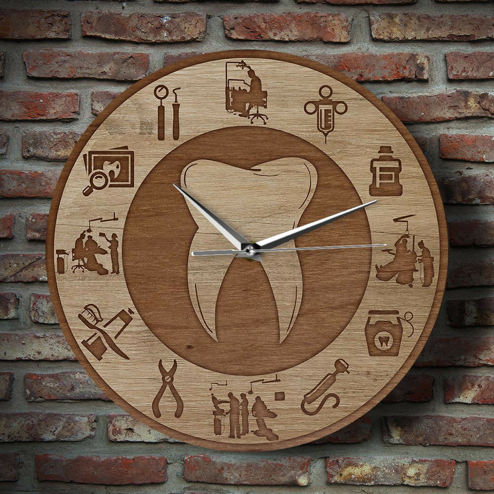 鑲嵌有丙烯腈印花和木質質料的墻鐘牙醫牙齒牙科墻壁時鐘裝飾掛鐘