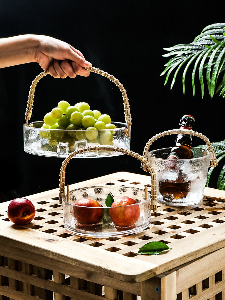 玻璃水果盤客廳家用新款輕奢風高檔茶幾果盤藤編手提果籃