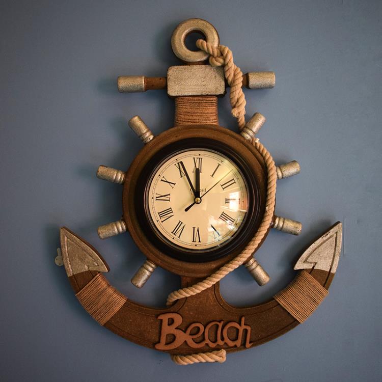 地中海風格復古做舊船錨掛鐘家用裝飾品掛件木質船舵創意靜音鐘表【青木鋪子】