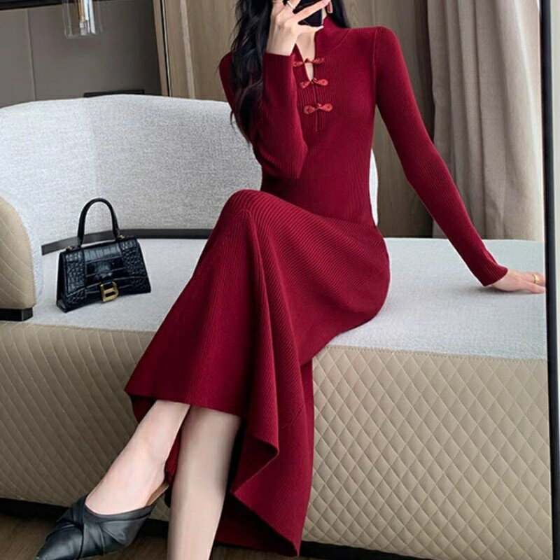 【巴黎精品】洋裝針織連身裙-長袖中式盤扣旗袍女裙子3色w1ae56