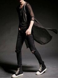 FINDSENSE 韓國潮流 個性 透視感 五分袖長小外套 時尚 街頭潮男 夜店 DJ 發型師 必備 長袖T恤 特色長T