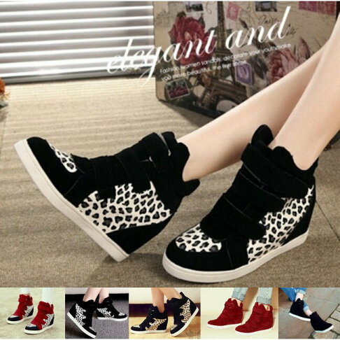 熱銷款女鞋 高幫魔術氈 平底內增高 豹紋厚底鞋 休閒鞋 厚底增高鞋 厚底休閒運動鞋 櫻桃嚴選 0