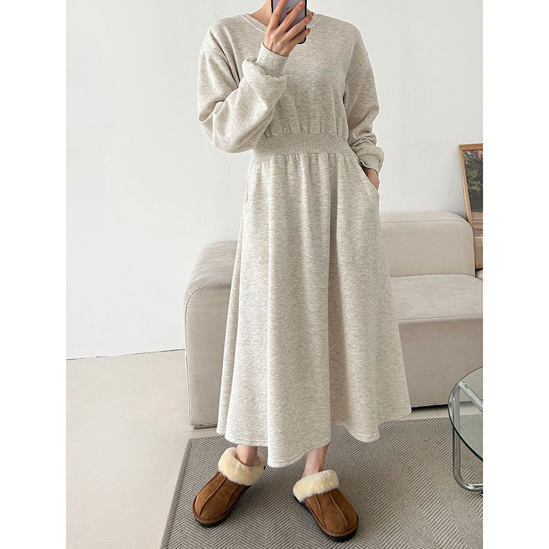 ANNAS 正韓縮腰口袋刷毛洋裝 腰身 縮腰 打折 長袖 長裙 長洋裝 連身裙 顯瘦 加厚棉 素面 保暖 加絨刷絨 韓國 5