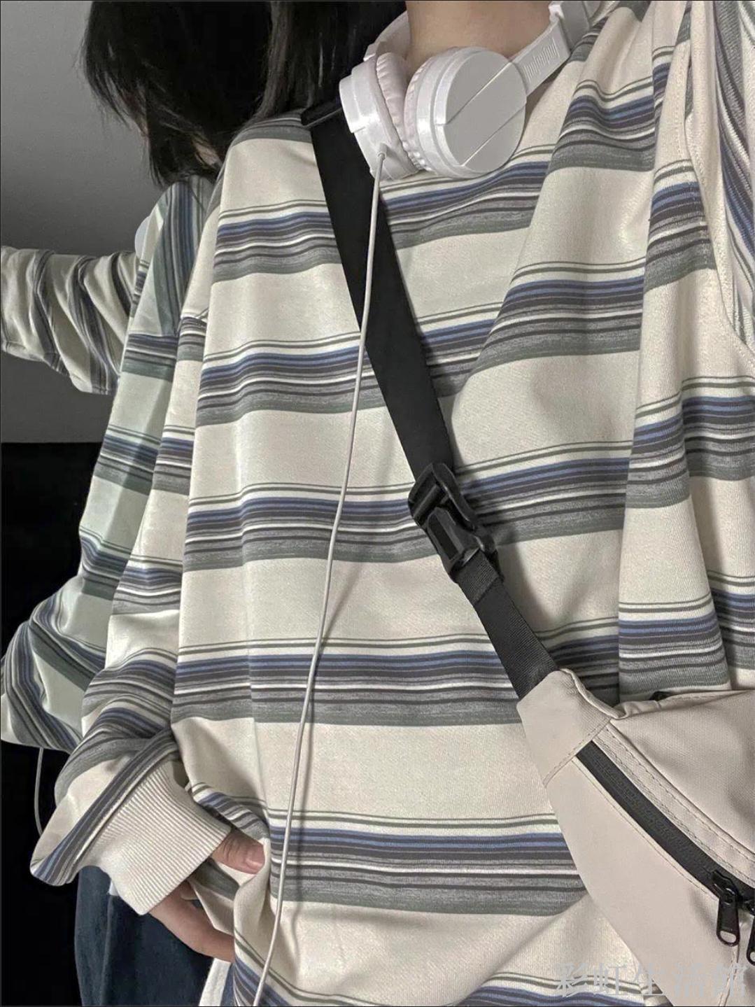撞色條紋圓領衛衣女春秋薄款寬松休閑設計感小眾復古甜酷外套上衣