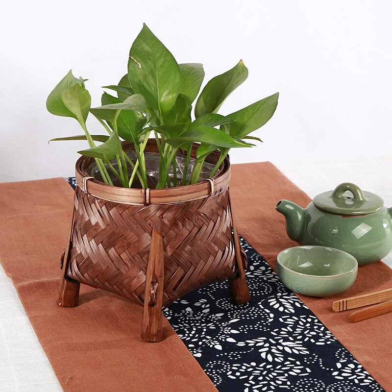 中式復古竹籃 帶腳架綠蘿花盆竹簍 茶道收納桶 創意花器