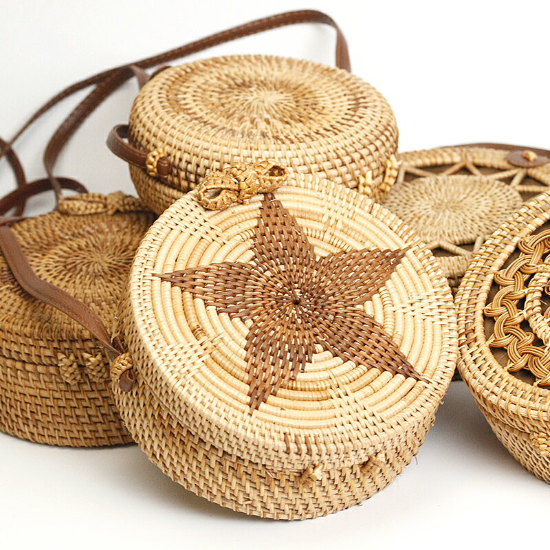 巴厘島海邊度假圓形藤編織包包越南純手工草編包竹編單肩斜跨女包