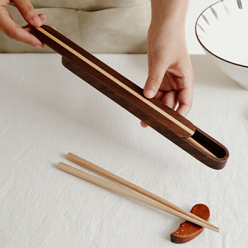 日式簡約便攜筷子收納盒實木一雙裝餐具筷盒木質旅行上班族一人食