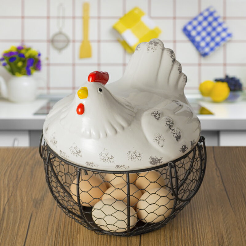 雞蛋籃 陶瓷雞蛋籃水果籃大蒜土豆雜物藍陶瓷廚房裝飾創意母雞收納鐵編籃『XY35899』