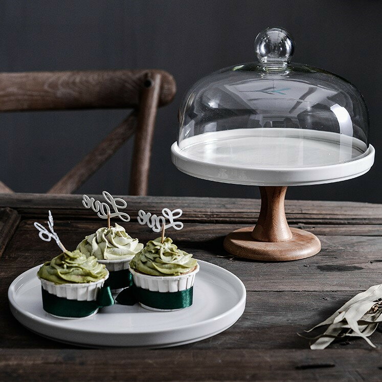 旋轉甜品臺擺件展示架食品點心盤蛋糕托盤高腳面包蓋透明玻璃罩子