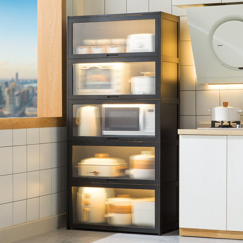 置物架 置物櫃 廚房置物架帶櫃門落地多層多功能櫥櫃微波爐烤箱電器置物儲物碗櫃