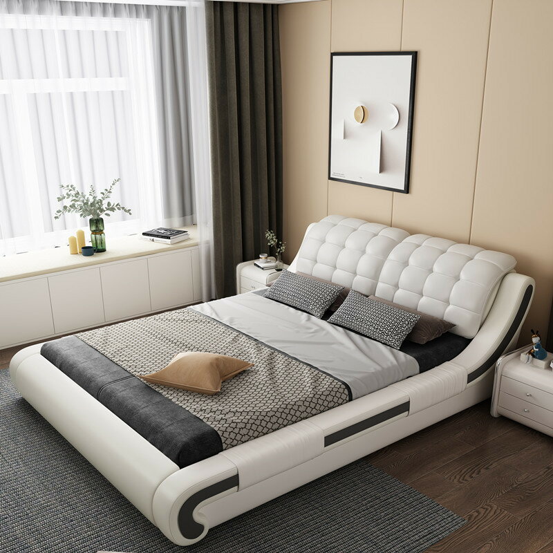 優樂悅~皮床真皮床現代簡約主臥軟包床婚床雙人床1.8米榻榻米1.5米小戶型