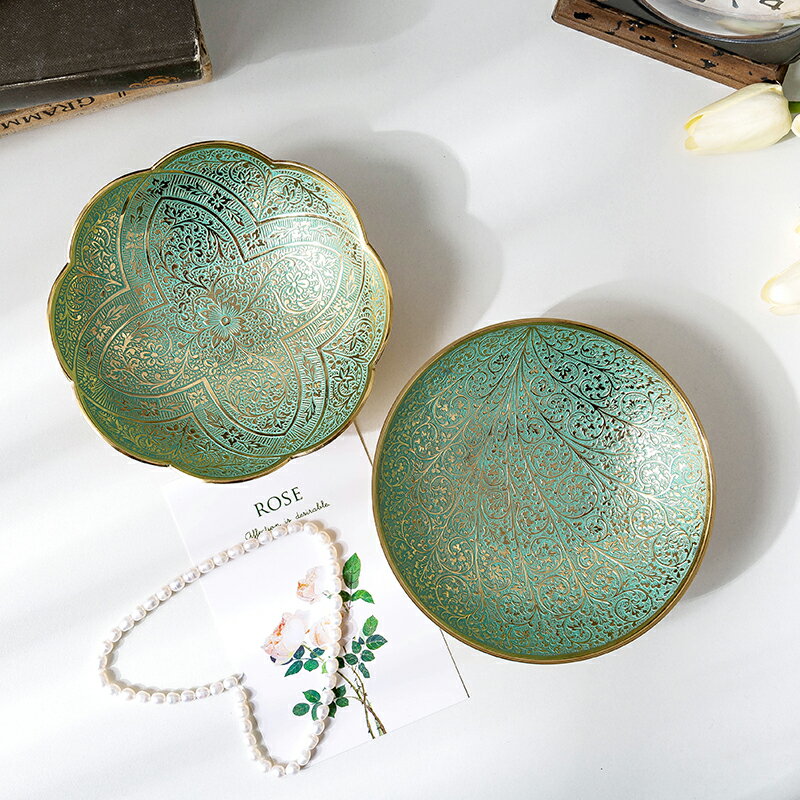 進口黃銅干果盤零食碗糖水果托盤東南亞雕花鑰匙首飾收納盤擺件