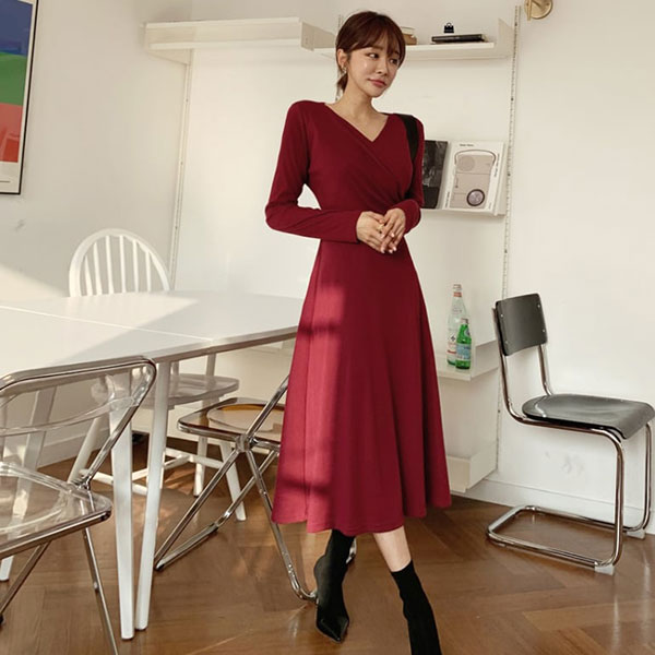 ANNAS 正韓V領洋裝交叉綁腰長裙長洋裝長袖連身裙 顯瘦性感棉質過年新年尾牙春酒紅色韓國 6