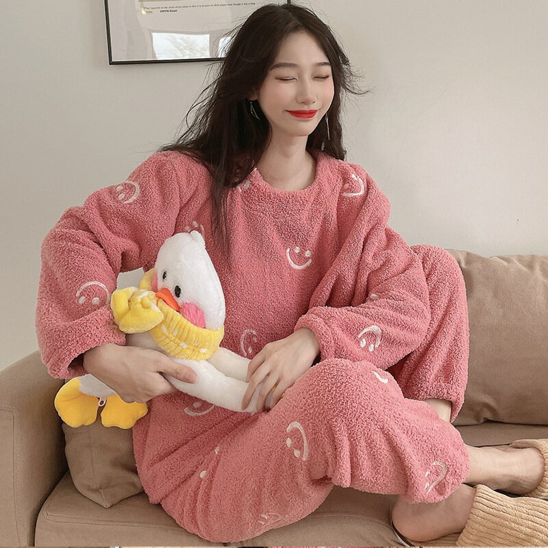 新款秋冬睡衣女士珊瑚絨復合甜美休閑加厚保暖法蘭絨家居服兩件套