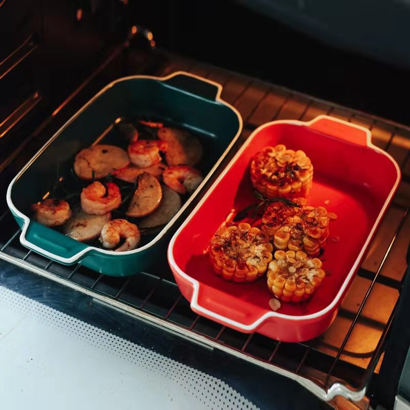 雙耳烤碗烤盤陶瓷芝士焗飯盤長方形烤箱餐具創意西餐盤子家用菜盤