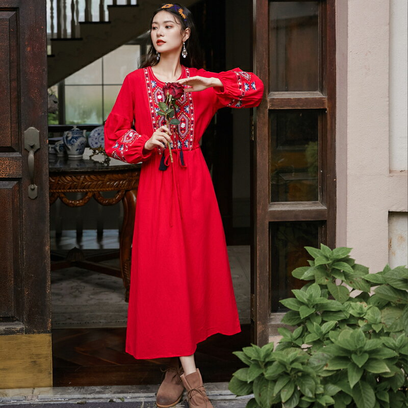 西藏云南民族風長裙刺繡棉麻白裙度假出游連衣裙旅行女裝