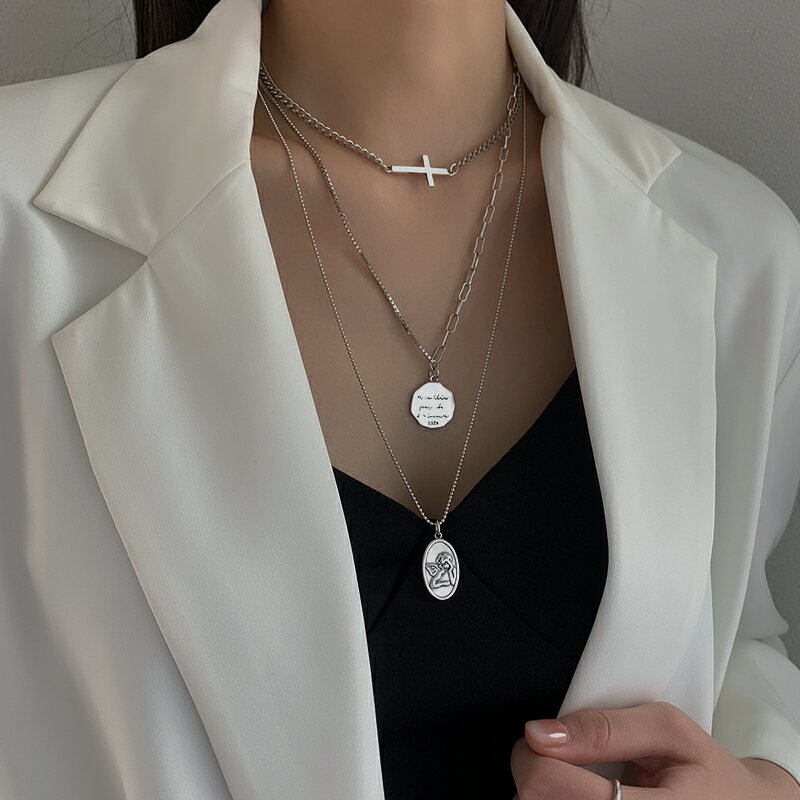 925純銀圓牌人像項鏈女年新款十字架疊戴鎖骨鏈百搭簡約頸鏈 4