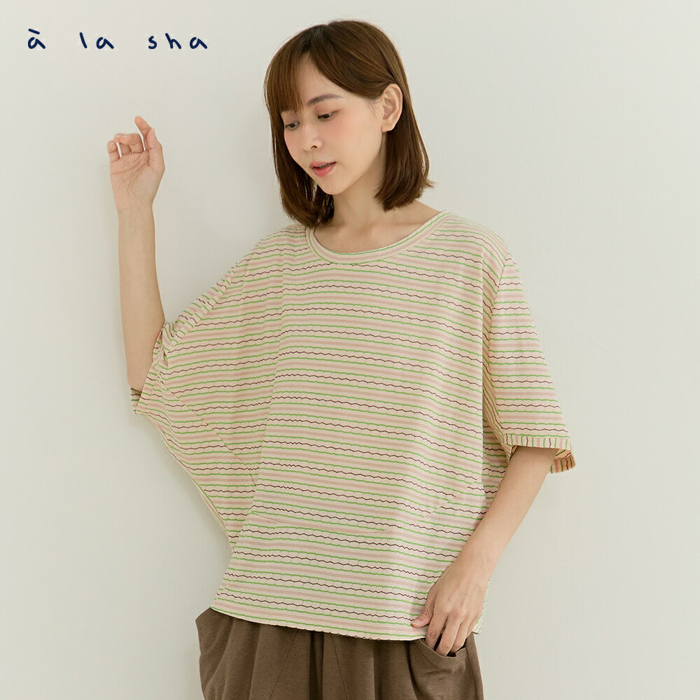 a la sha 緹花條紋造型連袖T