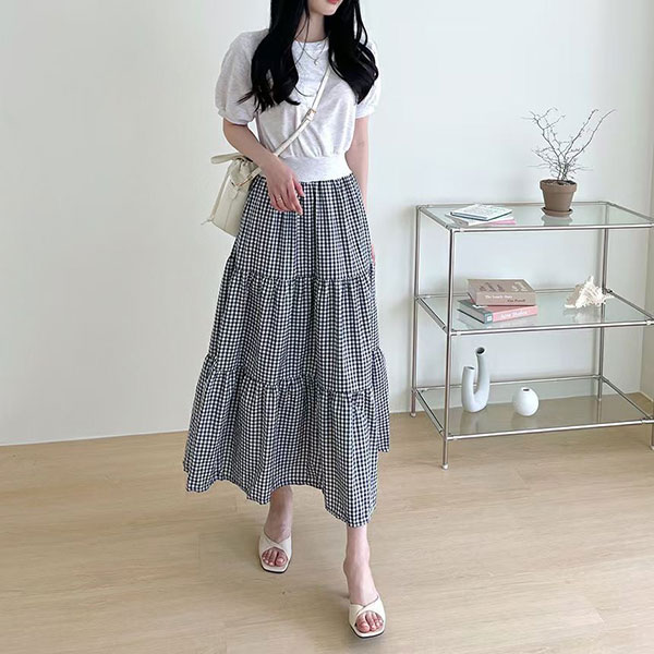 ANNAS 正韓 洋裝 縮腰 拼接 格子 長洋裝 長裙 長洋 蛋糕裙 多層次 格紋 短袖 棉質 韓國 7