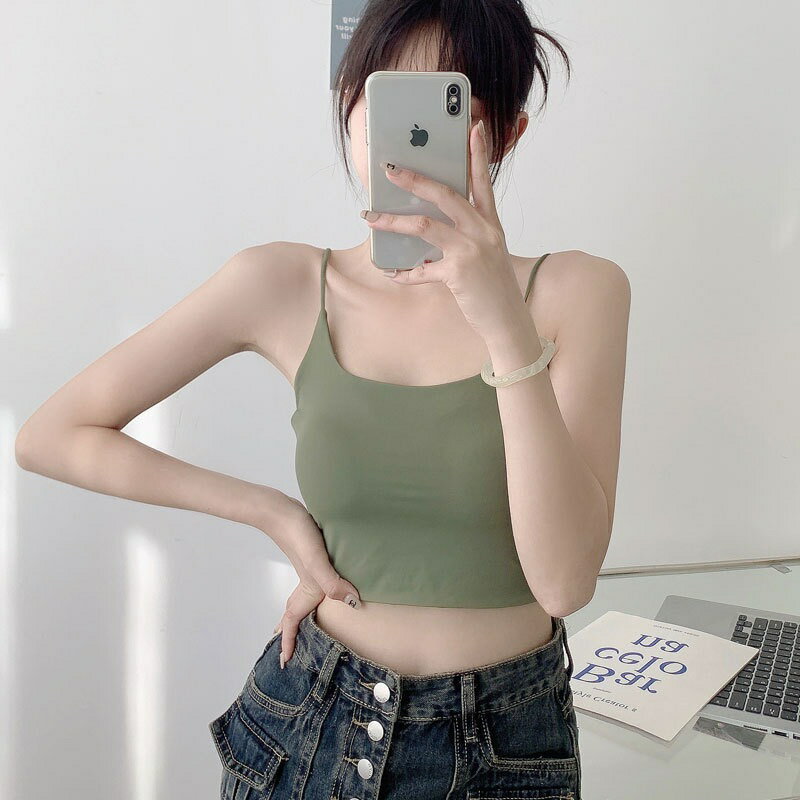 FUXI 小可愛 冰絲涼感背心女 現貨短版背心 細肩帶背心 固定一體胸墊背心 bratop 罩杯背心 U型美背背心【A】