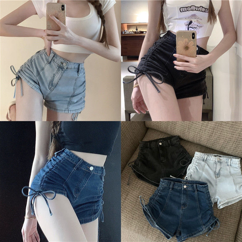 Women's high-waisted side drawstring denim shorts detail 3