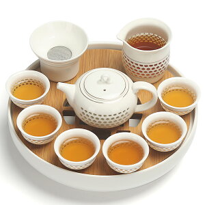 整套玻璃玲瓏鏤空茶具套裝陶瓷功夫茶壺杯 竹制陶瓷茶盤儲水