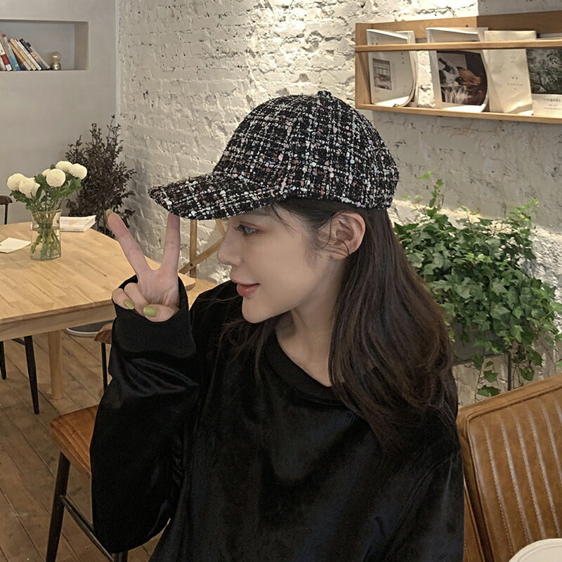 帽子女秋冬季新款時尚格紋小香風鴨舌帽韓版百搭休閑街頭潮棒球帽1入
