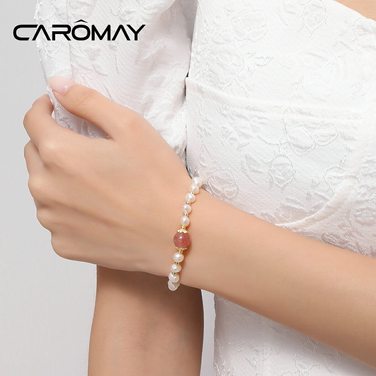 CAROMAY草莓晶舞會手鏈女淡水珍珠個性輕奢高級感串珠手環飾品潮