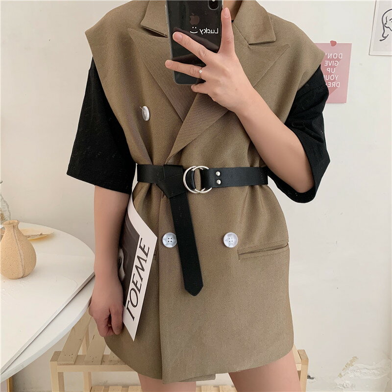 復古雙圓圈打結pu皮腰帶女韓國簡約百搭配連衣裙子外套裝飾腰封軟