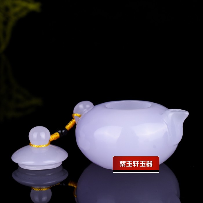 天然和田玉茶壺 白玉紫羅蘭把把胡麻將小茶壺手把玩件 1