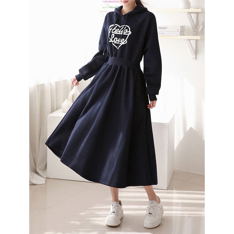 ANNAS 正韓愛心刷毛連帽字母縮腰洋裝 長裙 長洋裝 連身裙 加絨 加厚 棉質 保暖 休閒 韓國 7