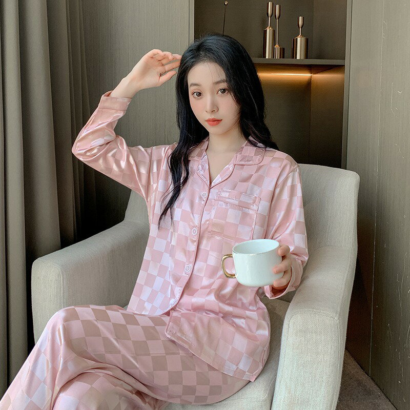 睡衣女春秋長袖性感冰絲格子兩件套ins網紅簡約高階感絲綢家居服