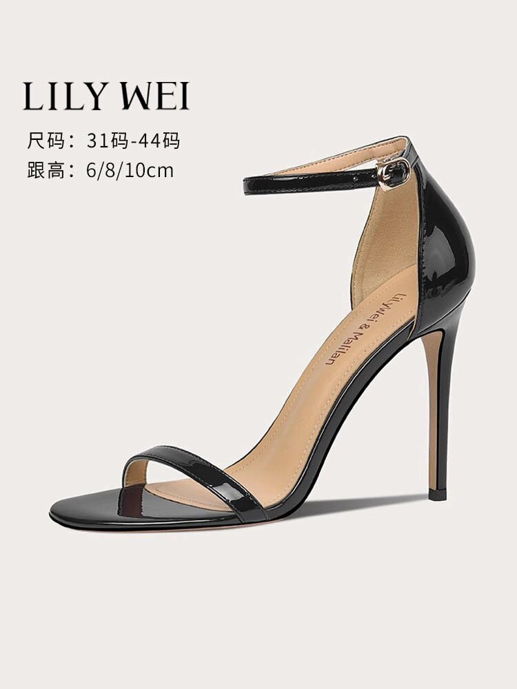 Lily Wei黑色漆皮斬男高跟鞋細跟法式涼鞋小碼女鞋313233氣質名媛