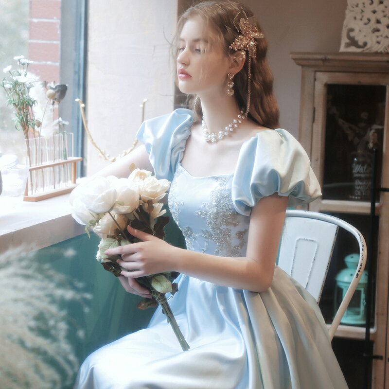 藍色泡泡袖生日走秀聲樂藝考表演大合唱婚紗禮服新娘敬酒服17116