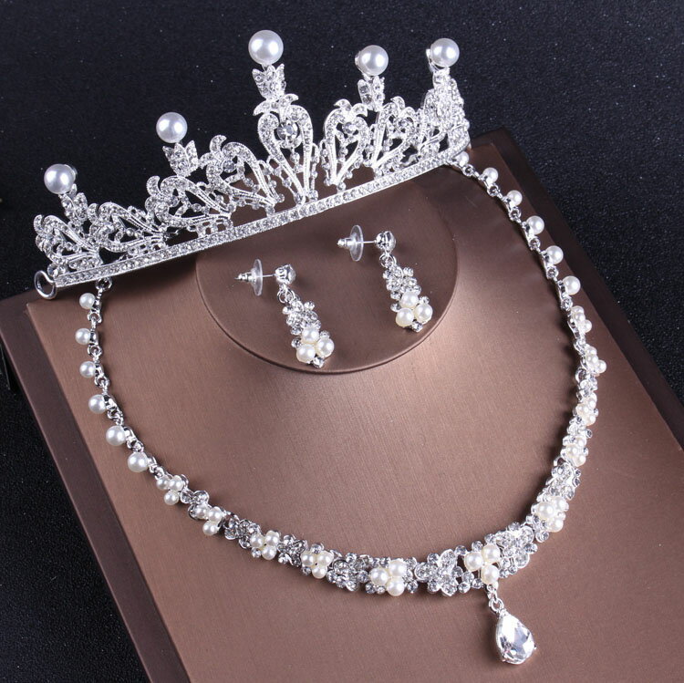 簡約高端新娘套鏈 公主珍珠皇冠項鏈耳環三件套 2022婚紗套鏈包郵