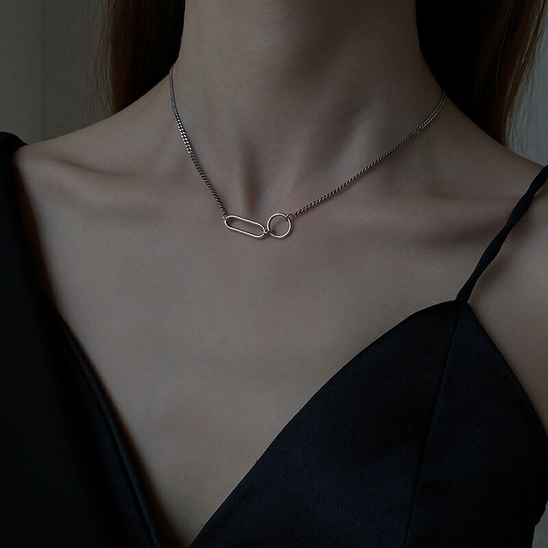 925純銀幾何圓圈項鏈女年新款復古做舊鎖骨鏈泰銀嘻哈頸鏈潮 2