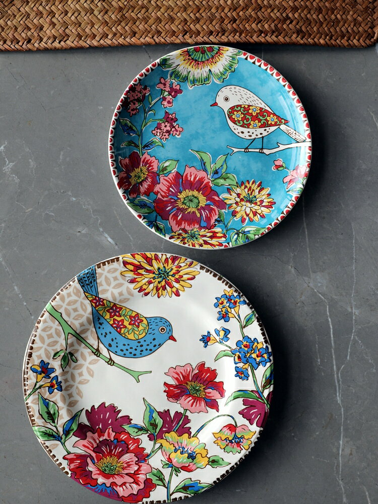 北歐鄉村花鳥風格陶瓷餐具釉下彩西餐盤牛排盤子樣板間裝飾盤