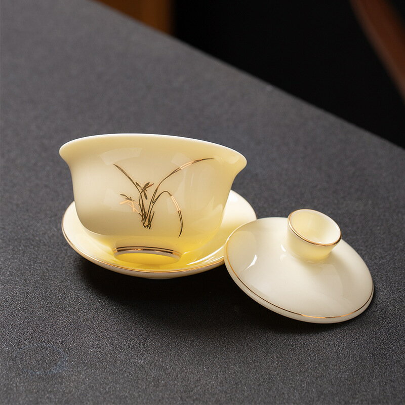 原礦寶石黃手繪描金羊脂玉陶瓷蓋碗大號三才茶碗家用簡約功夫茶具