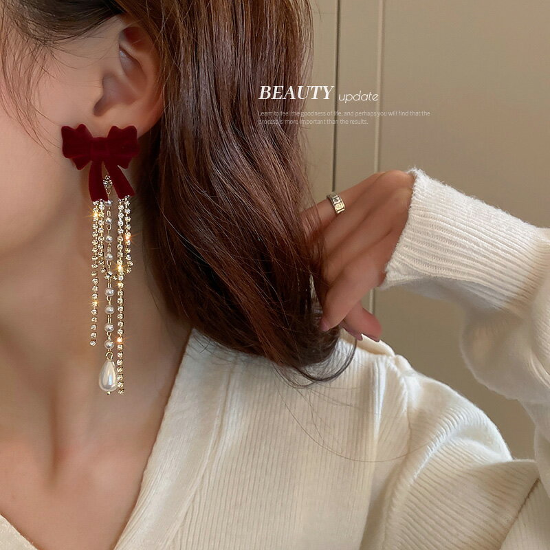 植絨蝴蝶結長款珍珠流蘇耳環2021年潮獨特設計高級感大氣耳飾