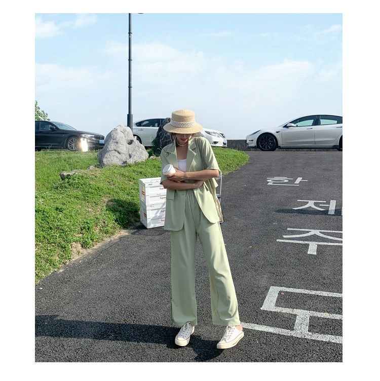 短袖套裝女特大碼闊腿褲西裝寬松短袖小西服兩件套夏季薄款